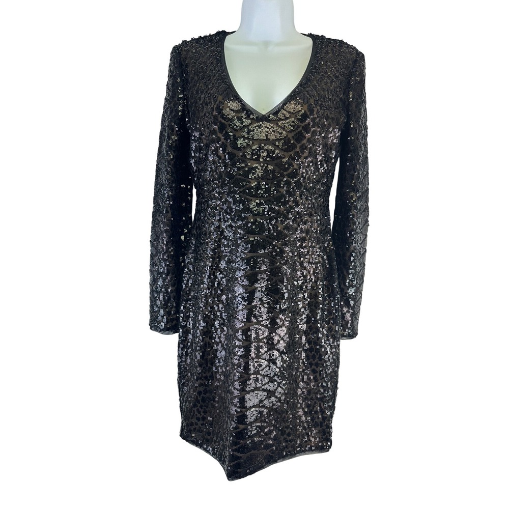 BCBGMAXAZRIA Sabryna Dress Black Sequin V-Neck Long Sleeve V-Neck Mini Medim